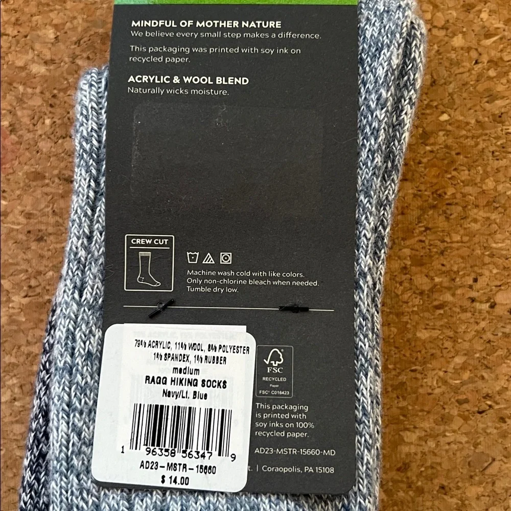Alpine Design Ragg Hiking Socks Mens MD Blue NEW 2 Pair Crew Cut AD23-MSTR-15660